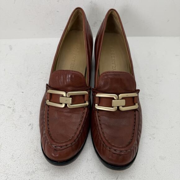 Robert Zur Brown Leather Heeled Loafer Gold Women's Size 9.5 - Picture 5 of 9